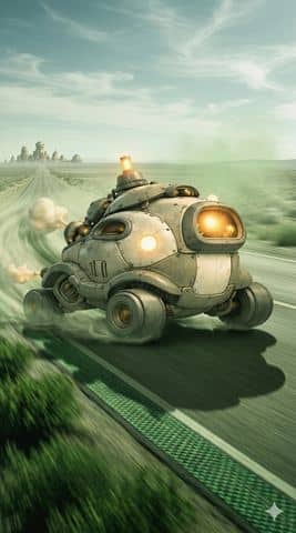 Personagem-monstro do Emprearim: carro robô na estrada