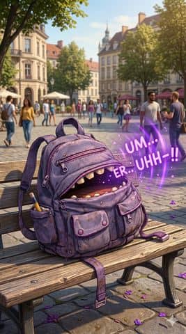 Personagem-monstro do Emprearim: mochila com boca no banco da praça